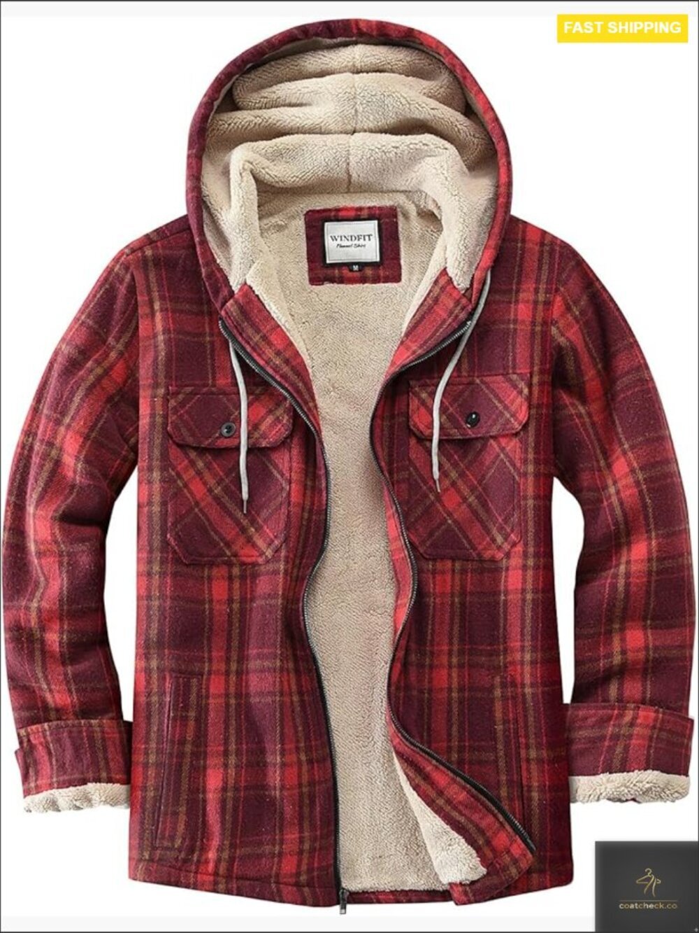 Full Zip Fleece Flannel Jacket Plaid Sherpa Lined Winter Coat Hooded